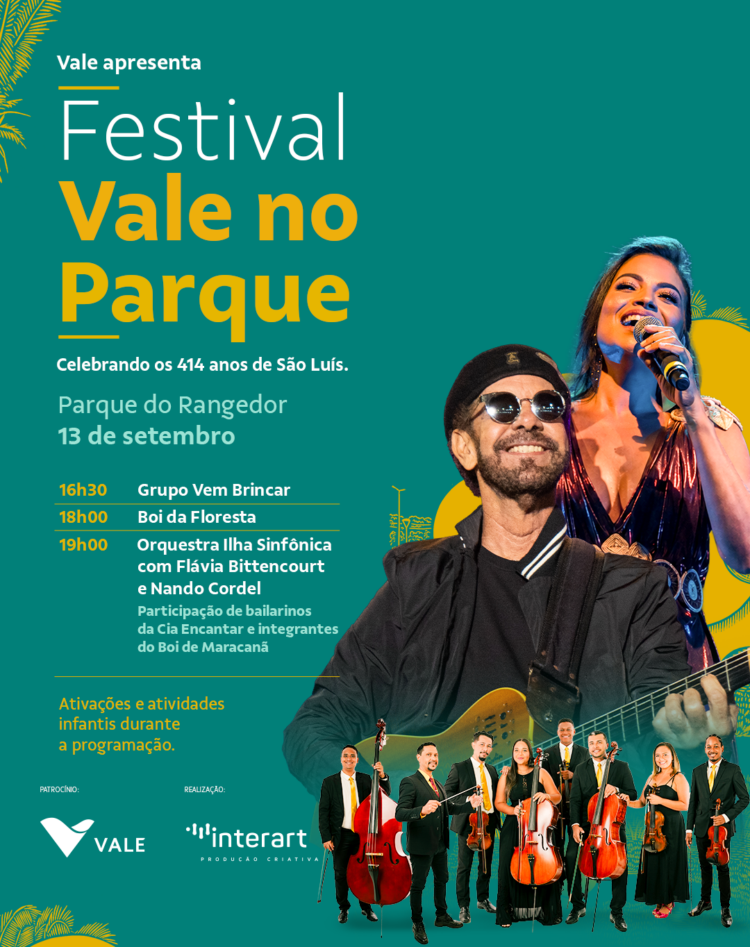Nando Cordel, Flávia Bittencourt e Orquestra Ilha Sinfônica celebram os 414 anos de São Luís em concerto no Parque do Rangedor